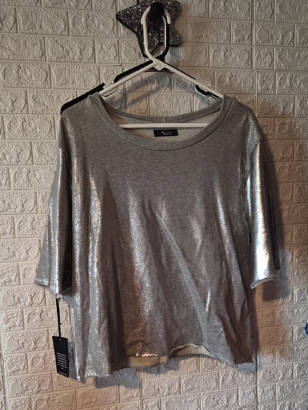 Michael Lauren Silver Metallic Short Sleeve Pullover